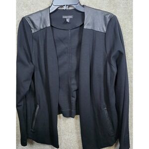 Eileen Fisher Open Jacket Womens Large Black‎ Leather Shoulder Trim High Low Hem